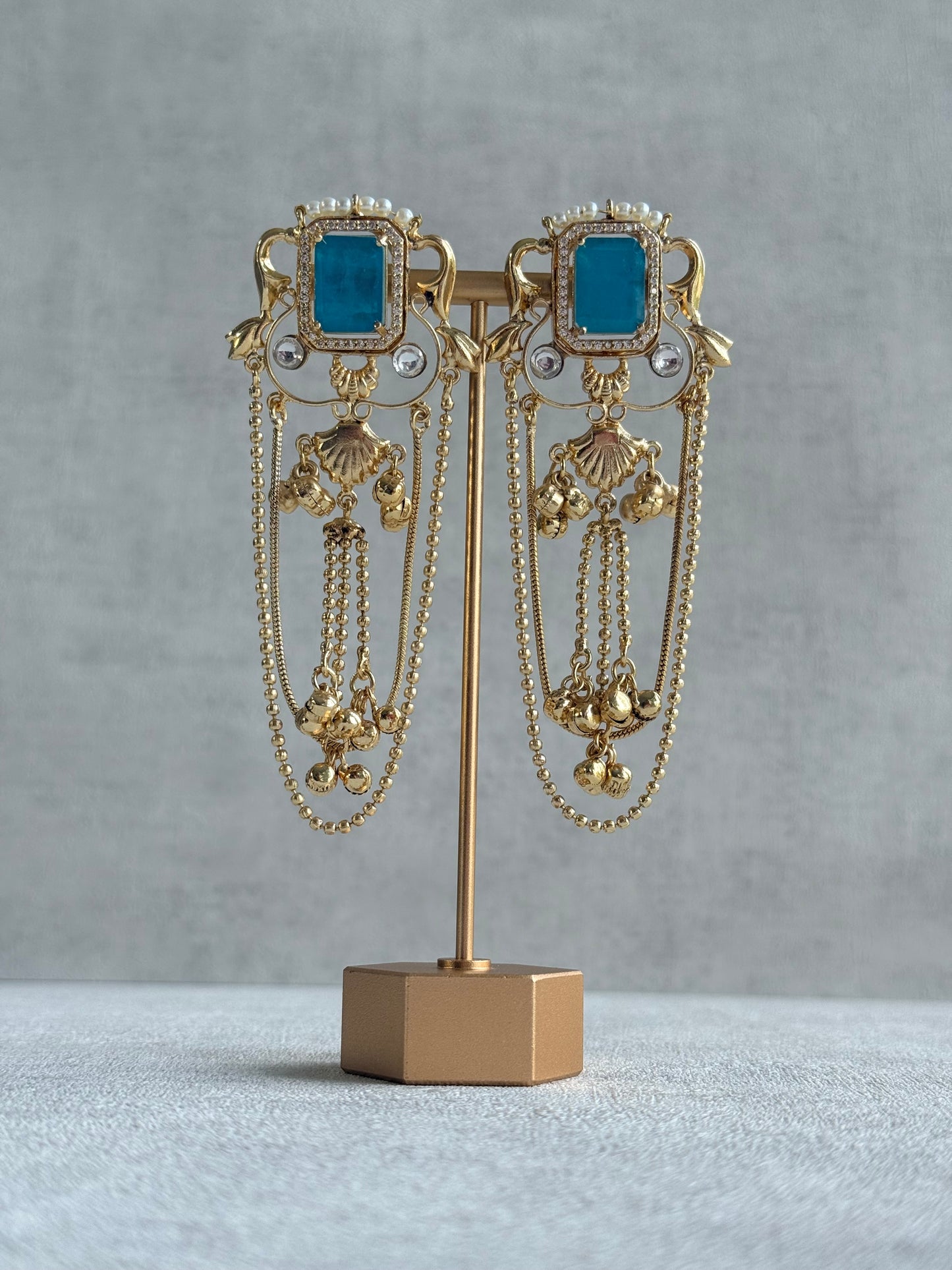Ayura Designs Jaid Earrings – Aqua Blue Floral Motif with Layered Chains & Ghungroos