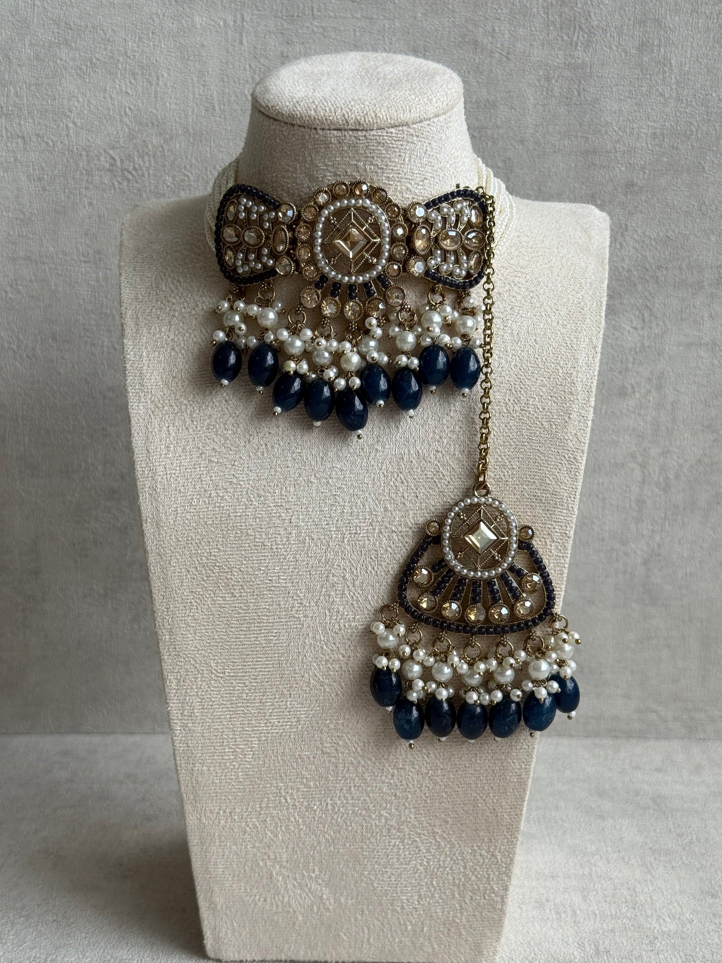 Ayura Designs Qudsia Set with Necklace, Earrings & Tikka – Navy Blue Stones, Kundan Detailing & Antique Gold Finish