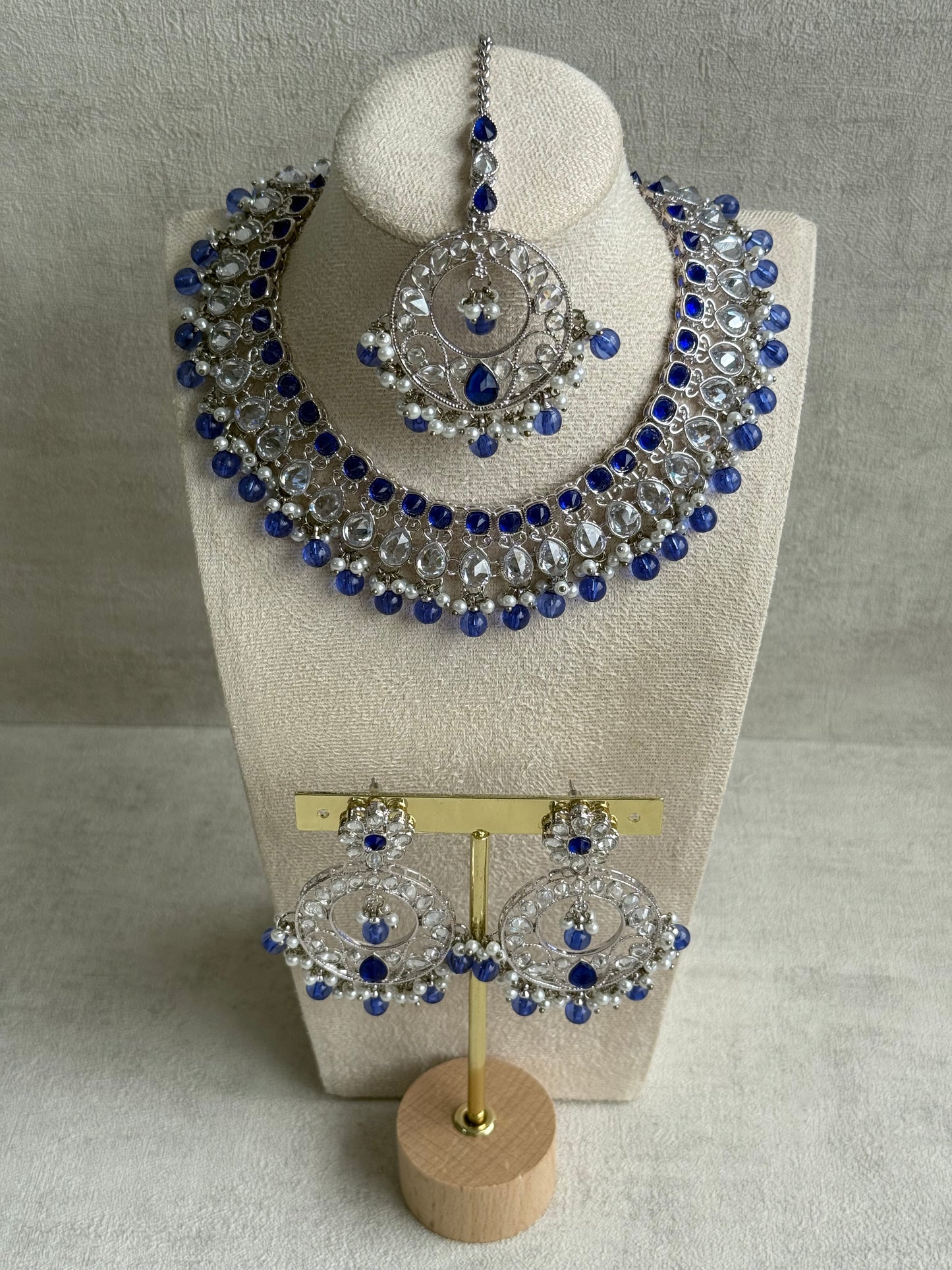 Ayura Designs Rija Set – Necklace, Earrings & Tikka with Ink Blue Beads, Mirror-Cut Stones & Silver Finish