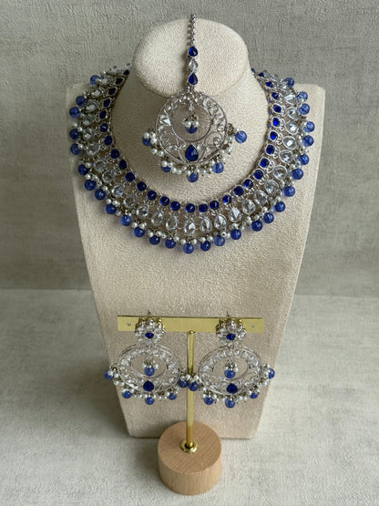 Ayura Designs Rija Set – Necklace, Earrings & Tikka with Ink Blue Beads, Mirror-Cut Stones & Silver Finish