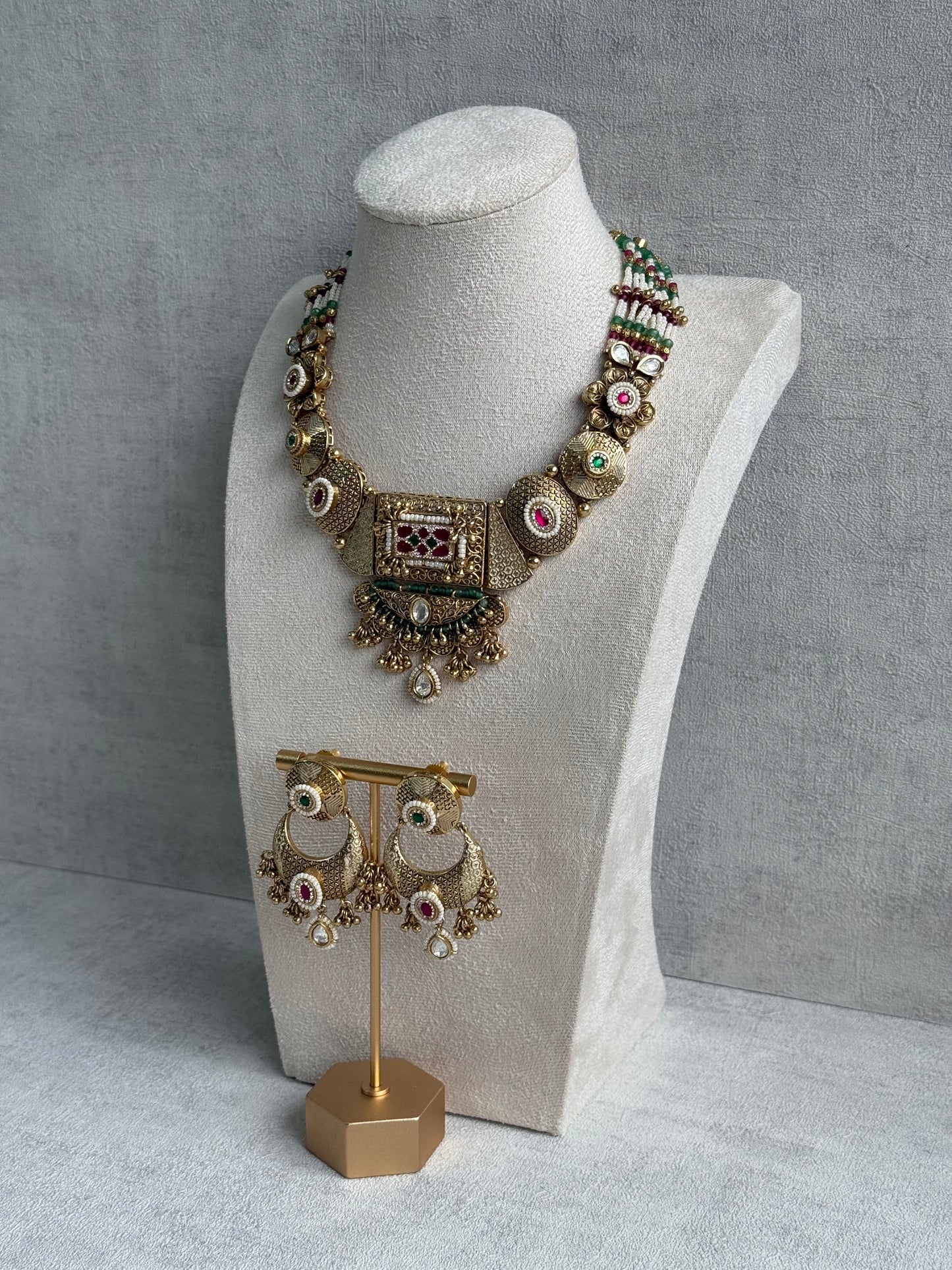 Ayura Designs Purvi Set – Necklace & Earrings with Antique Gold Filigree, Ruby, Emerald & Pearl Detailing