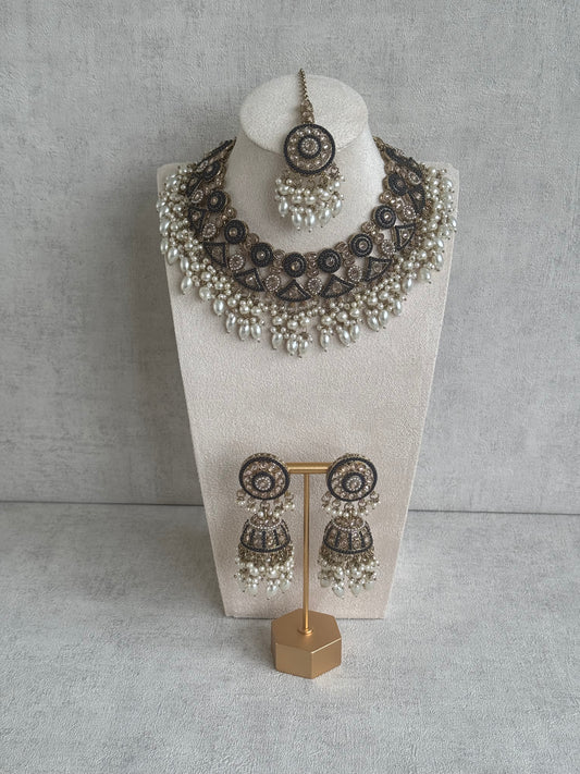 Ayura Designs Noorza Set with Jhumkis & Tikka – Antique Gold and Navy Blue Finish, Polki Stones, Crystal Detailing, Pearl Beads & Circular Motifs