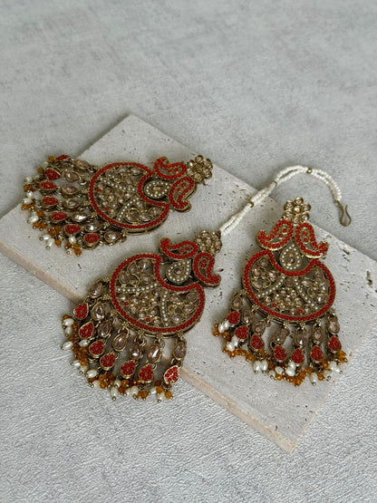Ayura Designs Anvi Tikka Set with Earrings – Orange with Champagne Stones & Pearl Drops