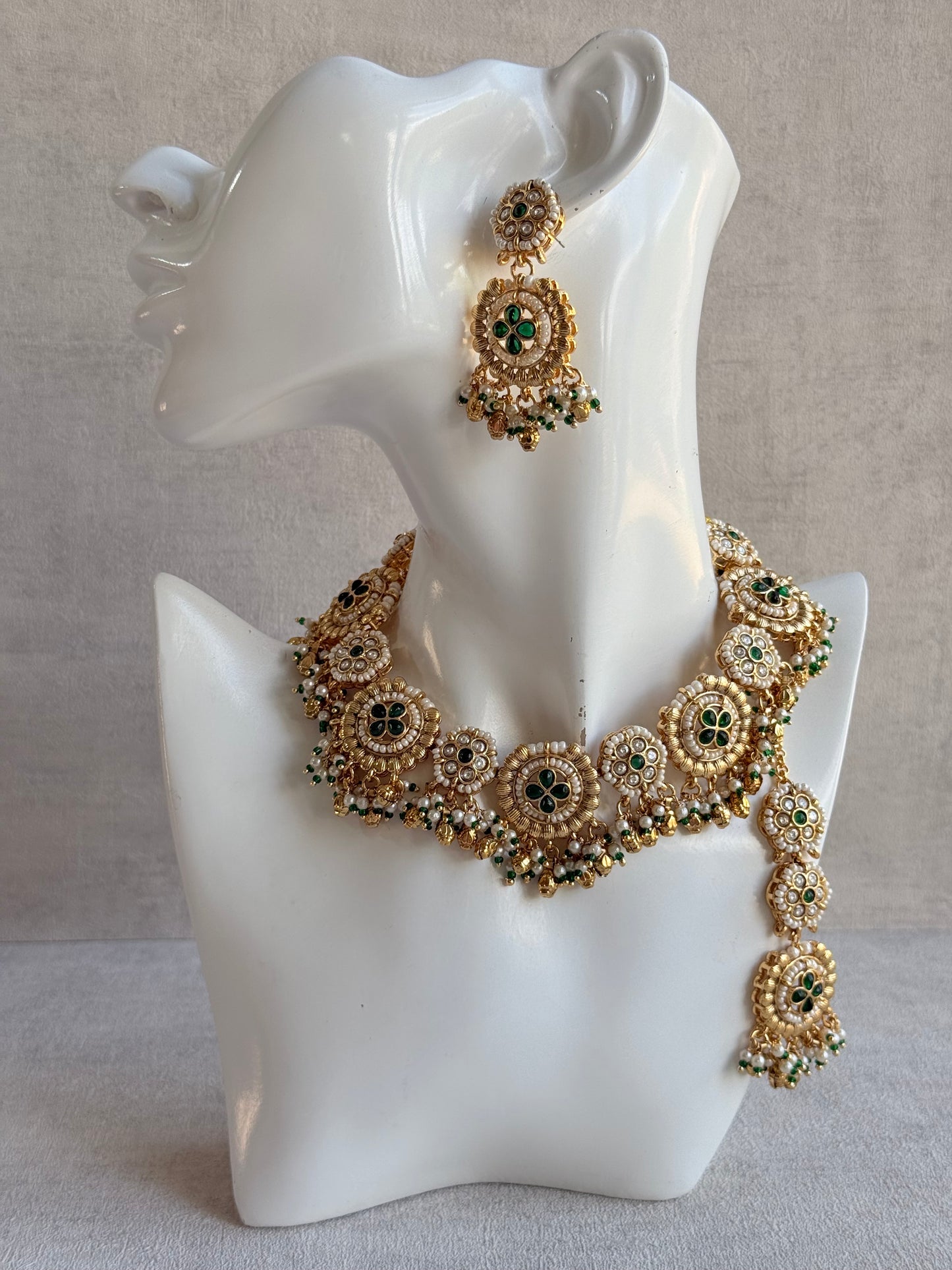 Ayura Designs Manika Necklace Set with Earrings & Tikka – Gold Finish with Emerald Green Stones, Pearls & Ghungroos