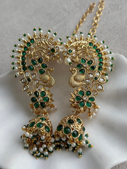 Ayura Designs Nitya Kaanphool Jhumkis – Gold Peacock Motifs, Emerald Green Kundan & Pearl Drops with Attached Sahare