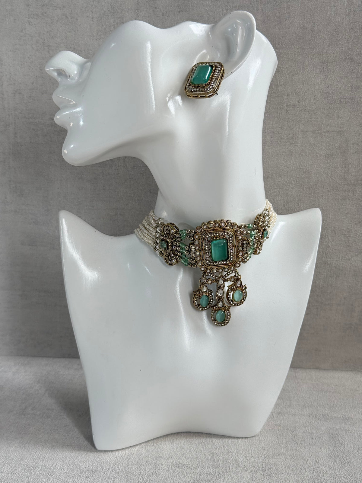 Ayura Designs Nabiha Choker Set with Studs – Aqua Green Stones, Pearl Detailing & Antique Gold Finish