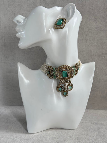 Ayura Designs Nabiha Choker Set with Studs – Aqua Green Stones, Pearl Detailing & Antique Gold Finish