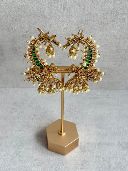 Ayura Designs Megha Half Ear Cuffs – Gold Peacock Motif with Crystal Stones, Emerald & Pink Accents and Pearl Jhumka Drops