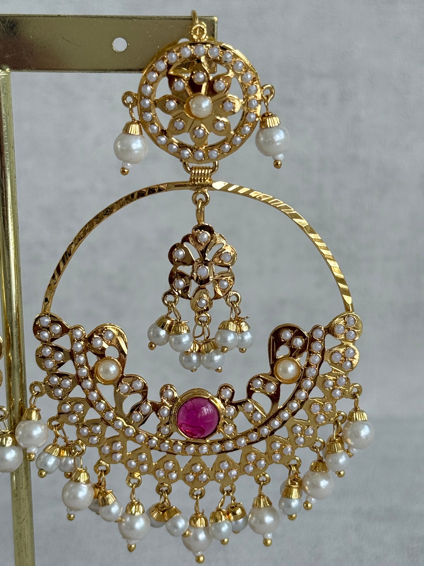 Ayura Designs Arshi Chandbalis – Gold Jadau Ruby Pink & Ivory Pearl Detailing