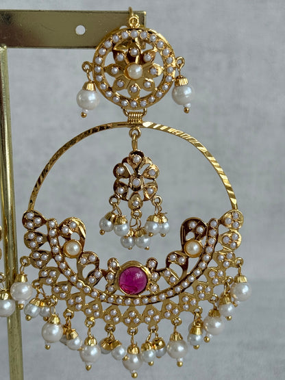 Ayura Designs Arshi Chandbalis – Gold Jadau Ruby Pink & Ivory Pearl Detailing