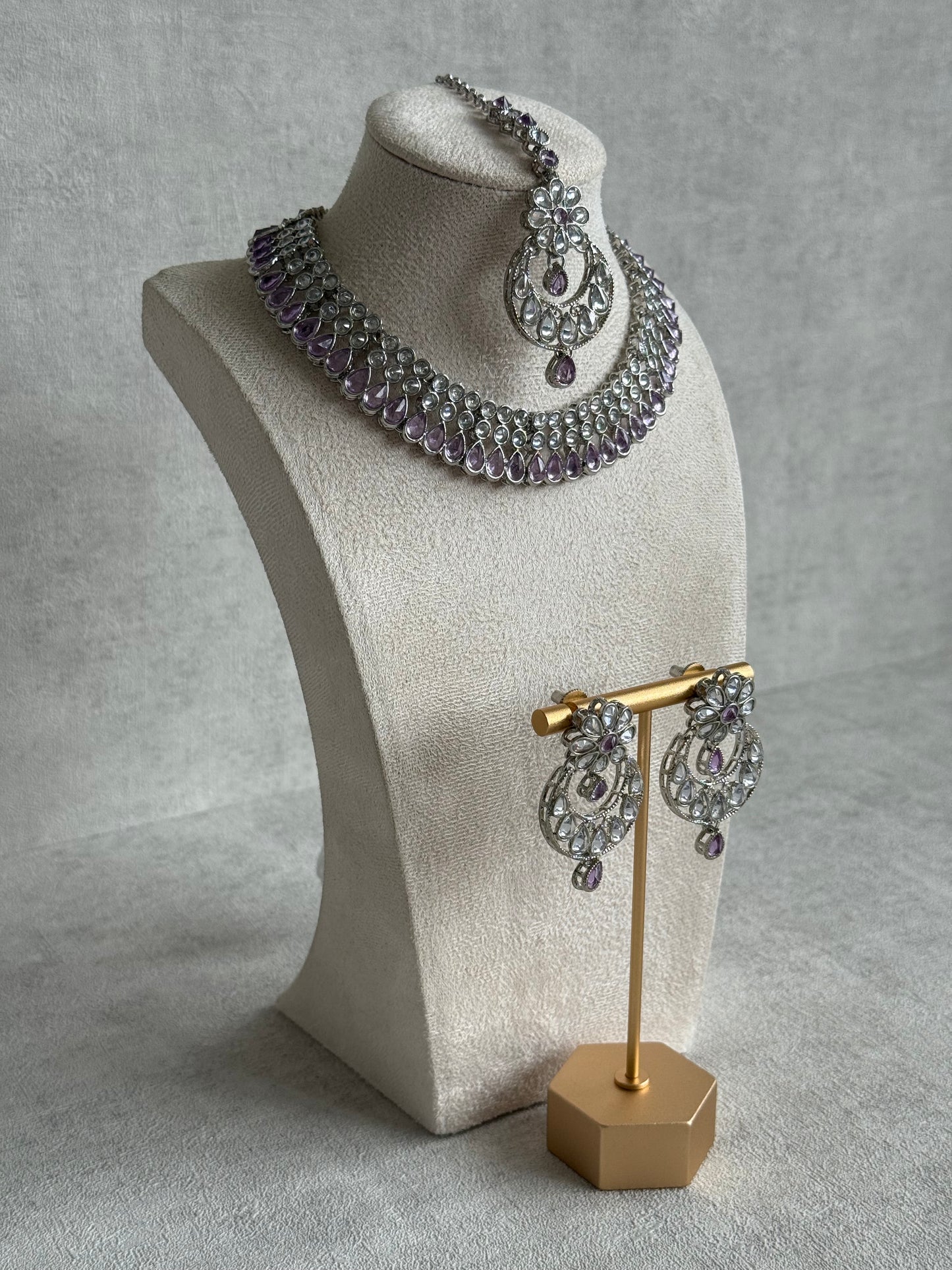 Ayura Designs Qirat Set with Earrings & Tikka – Soft Lilac Stones, Mirror-Cut Detailing & Silver Finish