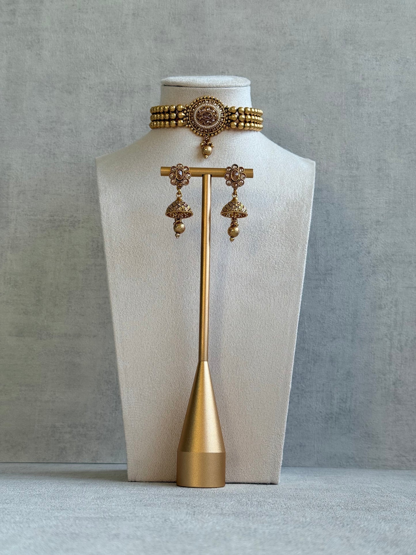 Ayura Designs Kavish Choker Set – Antique Gold Choker with Jhumkis in Champagne Stones & Pearl Detailing