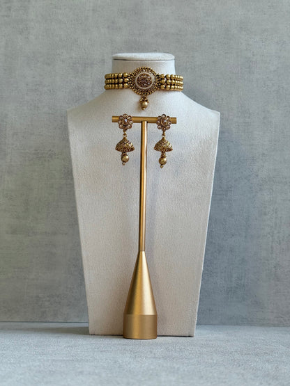 Ayura Designs Kavish Choker Set – Antique Gold Choker with Jhumkis in Champagne Stones & Pearl Detailing