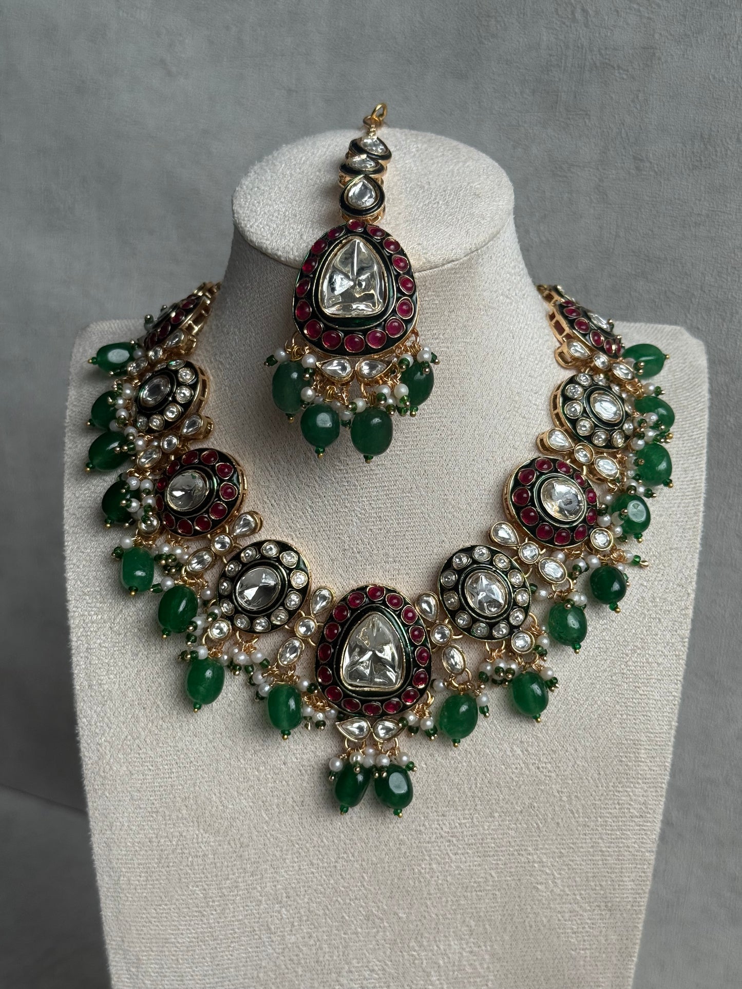 Ayura Designs Amaya Set with Necklace, Earrings & Tikka – Mirror-Cut Polki, Ruby Meenakari & Emerald Green Beads