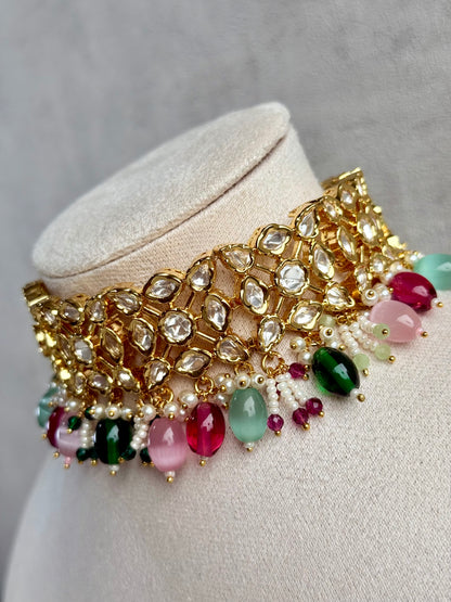 Ayura Designs Navya Choker Set with Earrings – Gold Finish with Moissanite Stones, Lattice Design, Emerald Beads & Pearl Detailing