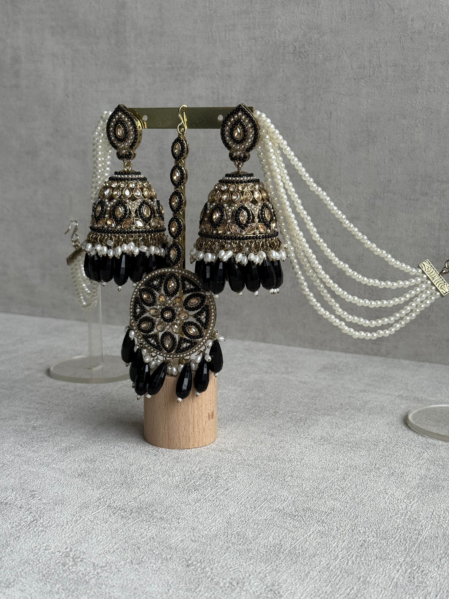 Ayura Designs Amrita Set – Jhumkis with Sahare & Tikka in Black, Pearls and Antique Gold Finish