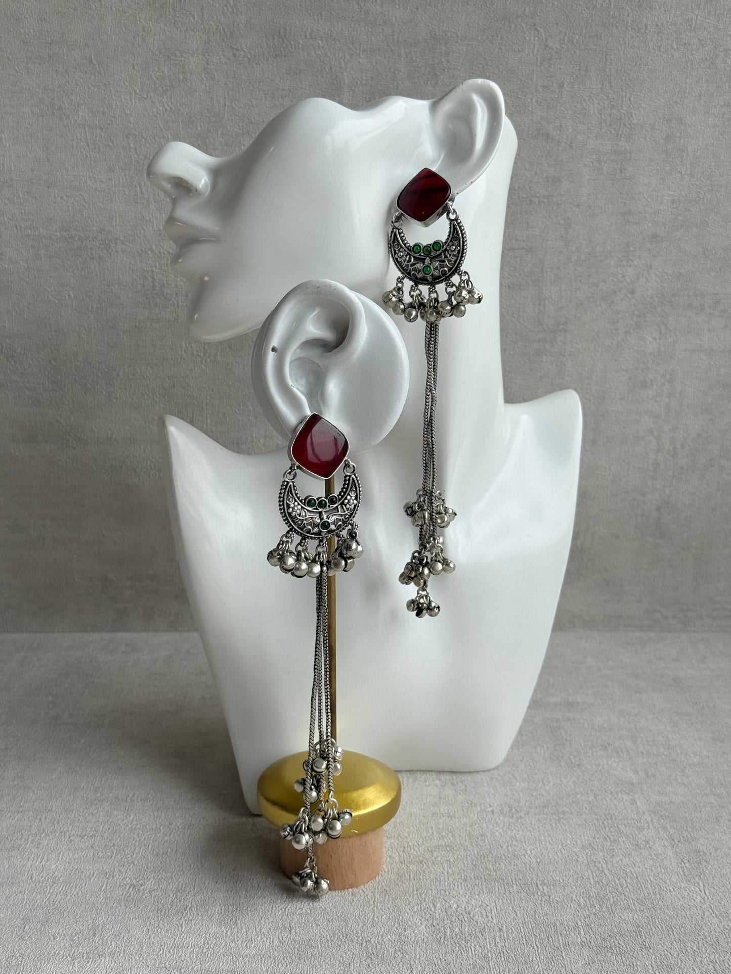 Ayura Designs Zarfa Earrings – Oxidised Earrings with Ruby Red Stones, Hanging Ghungroo Chains & Crescent Detailing