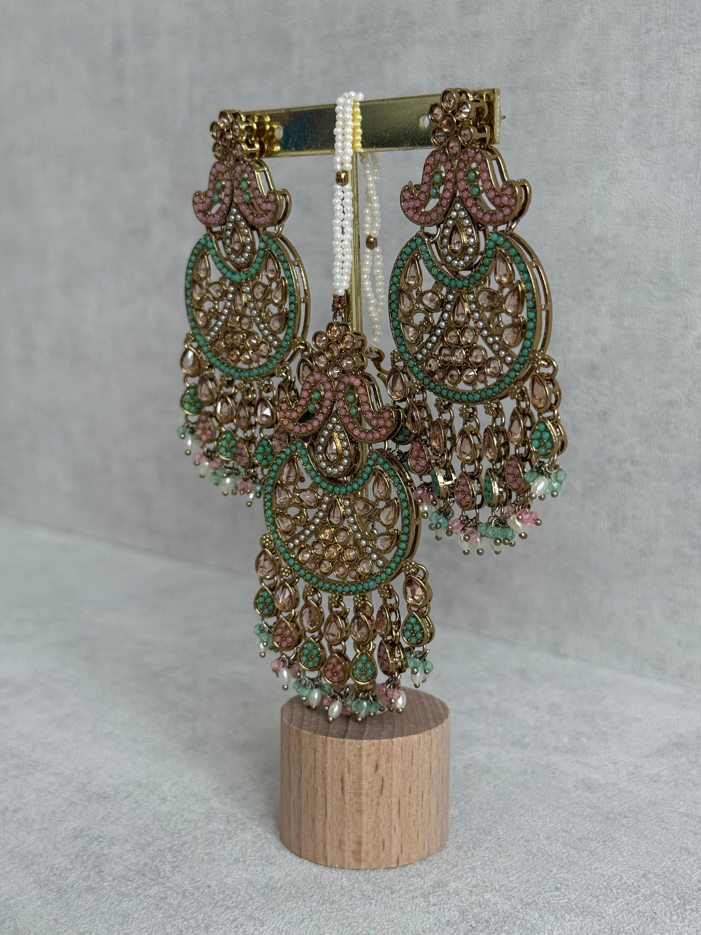 Ayura Designs Anvi Tikka Set with Earrings – Blush Pink & Mint Green with Champagne Stones & Pearl Drops