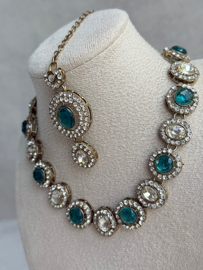 Ayura Designs Eira Necklace Set with Earrings & Tikka – Teal & Crystal Stones with Antique Gold Finish