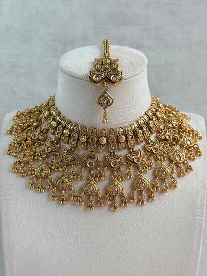 Ayura Designs Sifat Bridal Set with Earrings & Tikka – Antique Gold Kundan Waterfall Design with Paisley & Ghungroo Drops