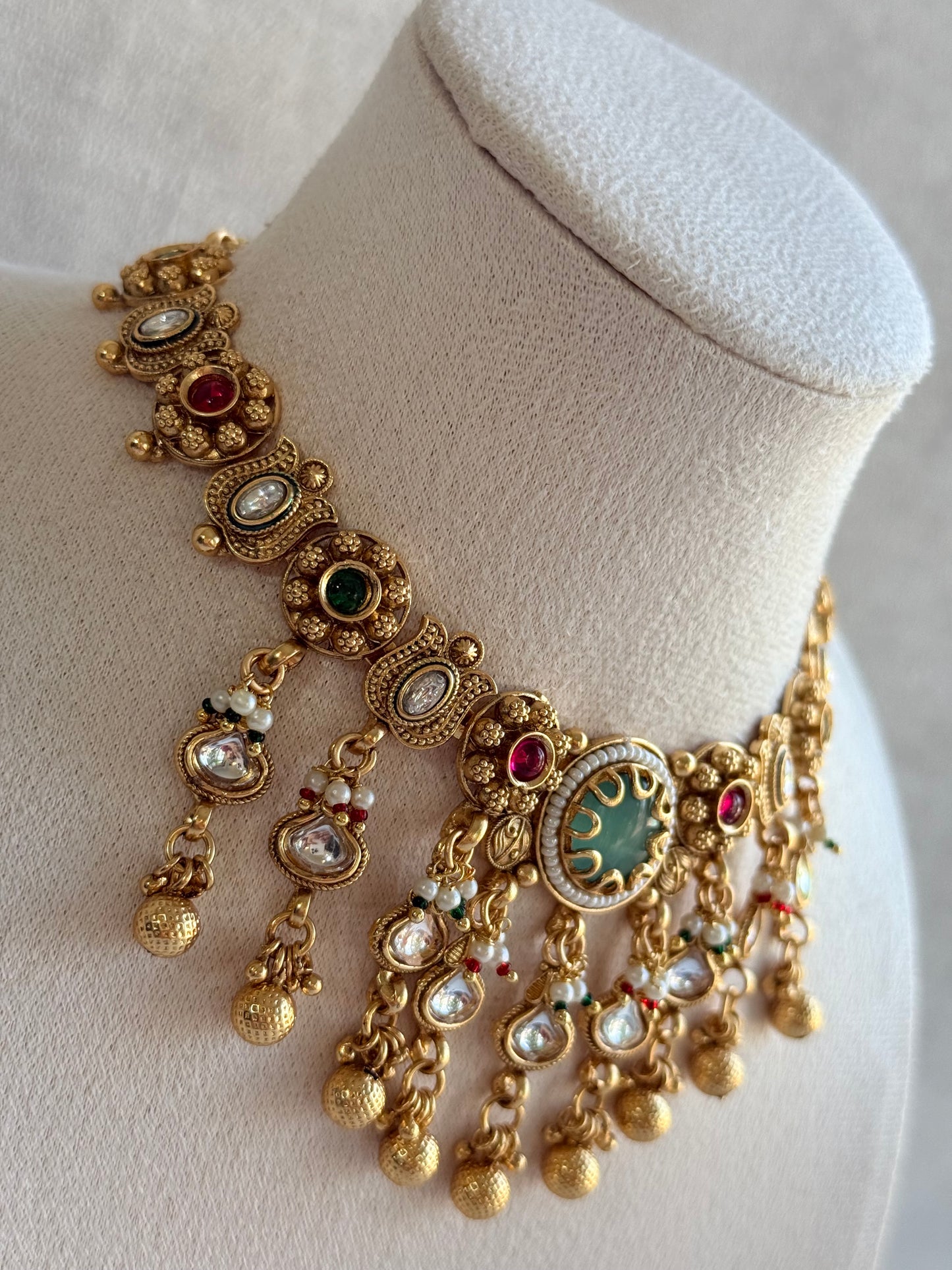 Ayura Designs Abira Necklace Set with Earrings – Kundan, Multicolour Stones, Pearl Detailing & Gold Finish