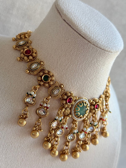 Ayura Designs Abira Necklace Set with Earrings – Kundan, Multicolour Stones, Pearl Detailing & Gold Finish