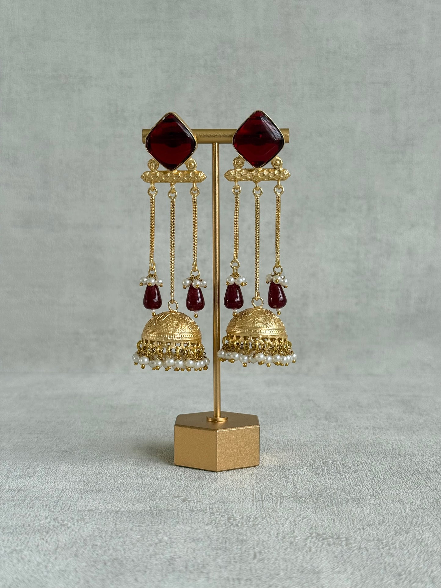 Ayura Designs Mahwina Jhumkis – Ruby Red Stones with Chain Drops & Pearl Detailing