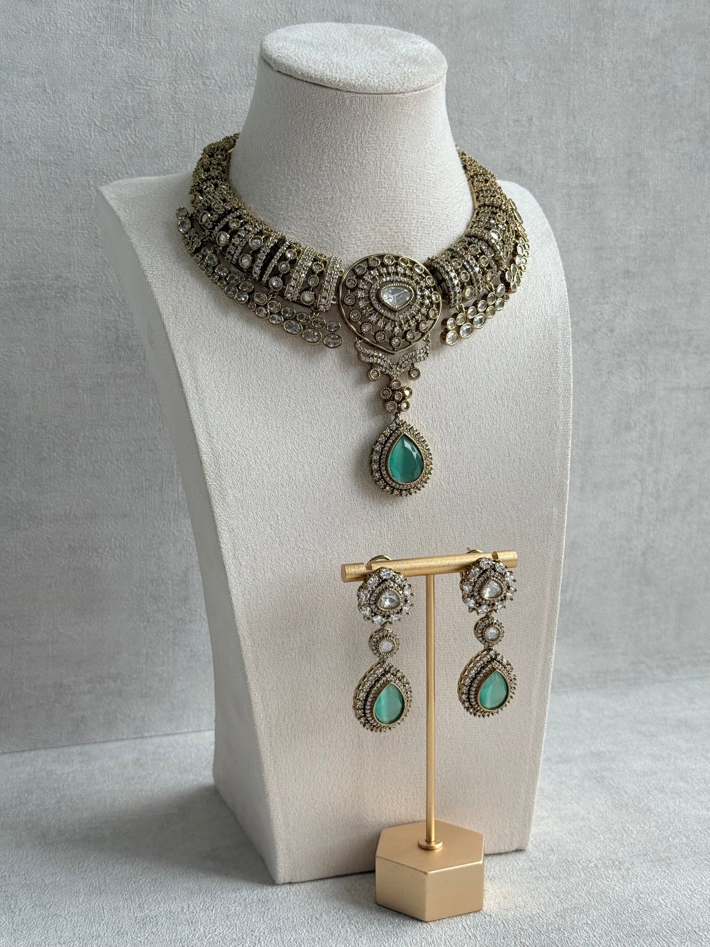 Ayura Designs Ahana Necklace Set with Earrings – Mint Green Teardrop Stones & Moissanite Detailing