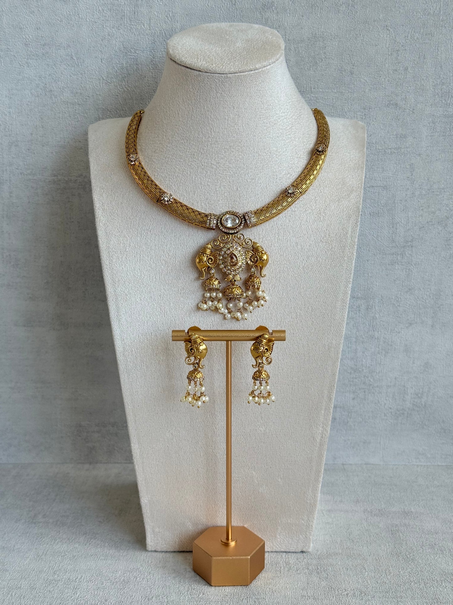 Ayura Designs Wadha Collar Necklace Set with Earrings – Gold Elephant Pendant & White Crystal Detailing
