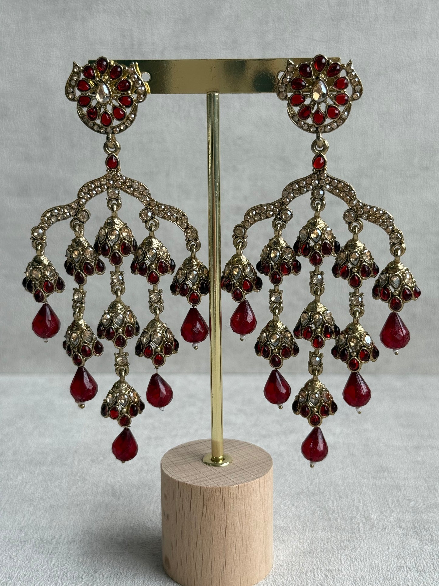 Ayura Designs Jasmine Earrings – Chandelier Earrings with Maroon Beads & Antique Gold Detailing