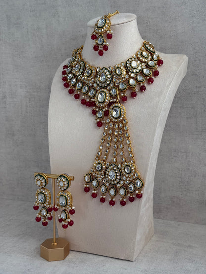 Ayura Designs Jashan Set with Necklace, Earrings, Tikka & Passa – Kundan Detailing, Pearl Drops & Ruby Red Beads