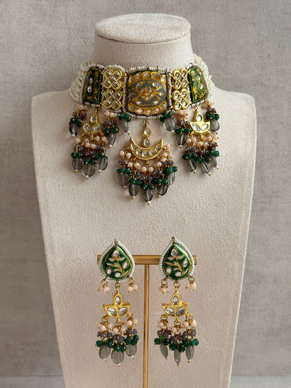 Ayura Designs Rehma Meenakari Kundan Choker Set with Earrings – Emerald Green & Pearl Bead Detailing