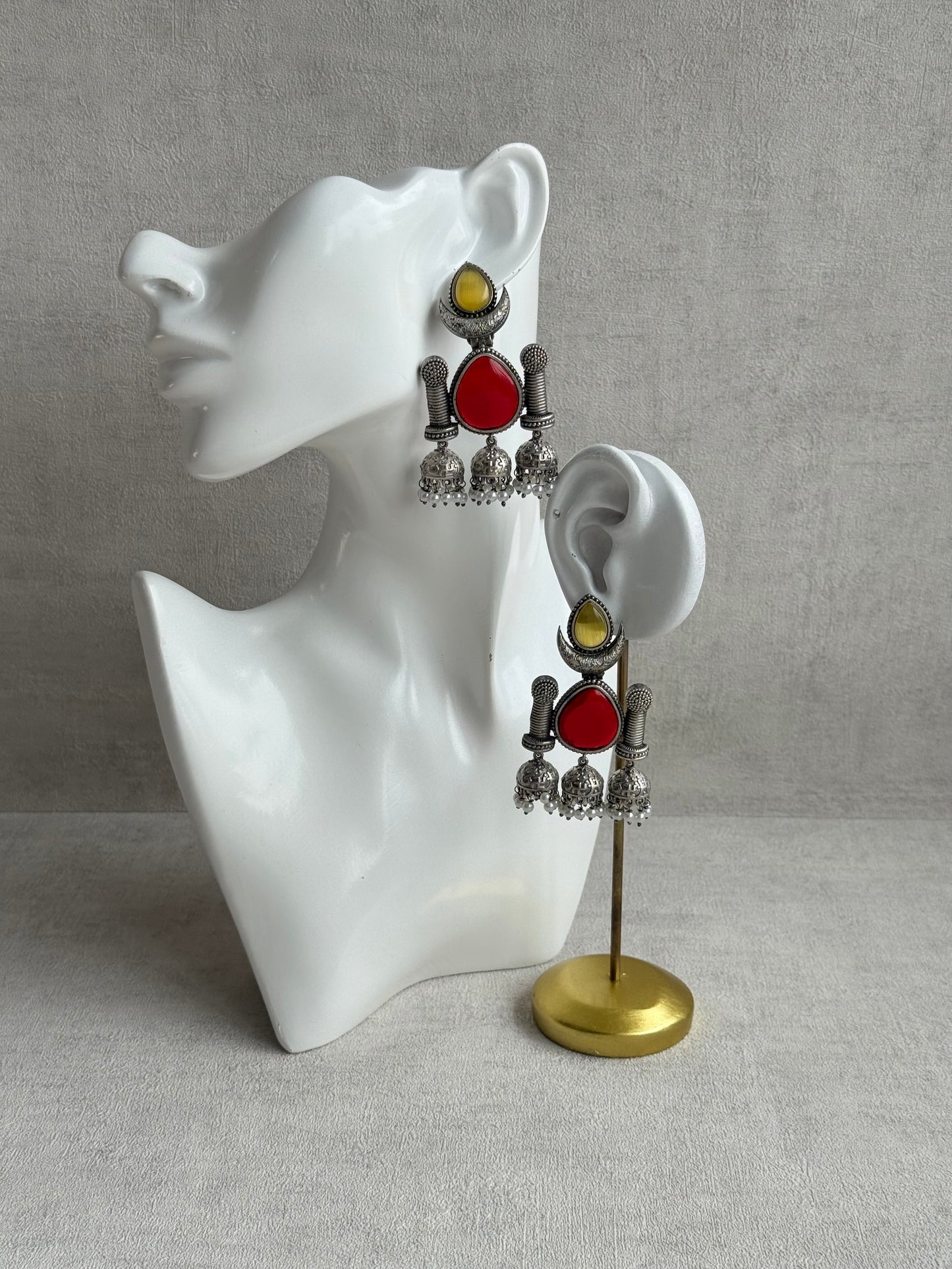 Ayura Designs Qissa Earrings – Oxidised Triple Jhumki Earrings with Ruby Red Stones & Pearl Detailing