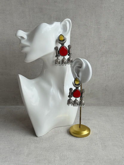 Ayura Designs Qissa Earrings – Oxidised Triple Jhumki Earrings with Ruby Red Stones & Pearl Detailing