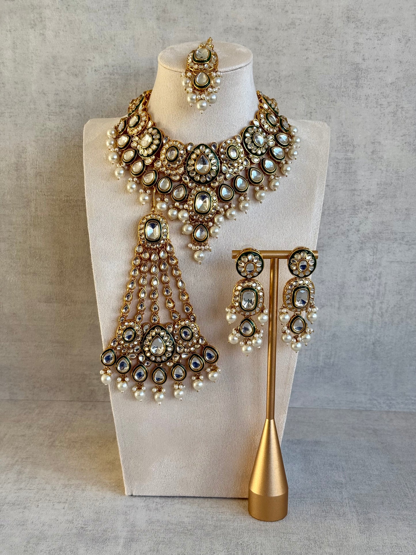 Ayura Designs Jashan Set with Necklace, Earrings, Tikka & Passa – Kundan Detailing, Ivory Pearl Drops