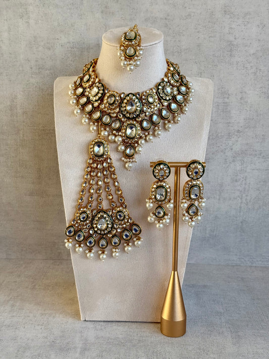 Ayura Designs Jashan Set with Necklace, Earrings, Tikka & Passa – Kundan Detailing, Ivory Pearl Drops