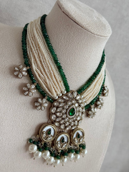 Ayura Designs Callie Set with Earrings – Emerald Green, Ivory Pearl & Jadau Detailing