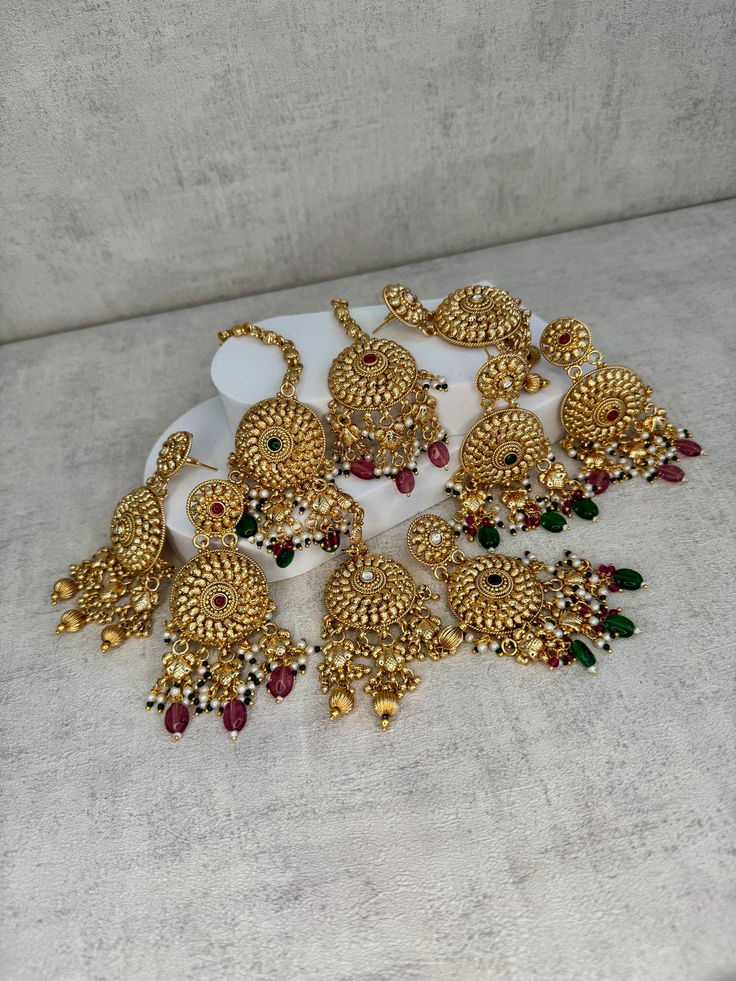 Ayura Designs Hoor Tikka & Earrings – Opulent Gold Adornment with Emerald Green, Pink and White Beads