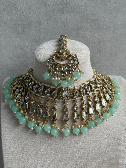 Ayura Designs Shaheen Set with Jhumkis & Tikka – Pistachio Green Beads, Mirror Kundan & Gold Finish