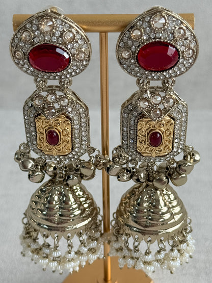 Ayura Designs Maara Jhumkis – Champagne Gold with Ruby Red Stones, Crystals, Ghungroos & Pearl Detailing
