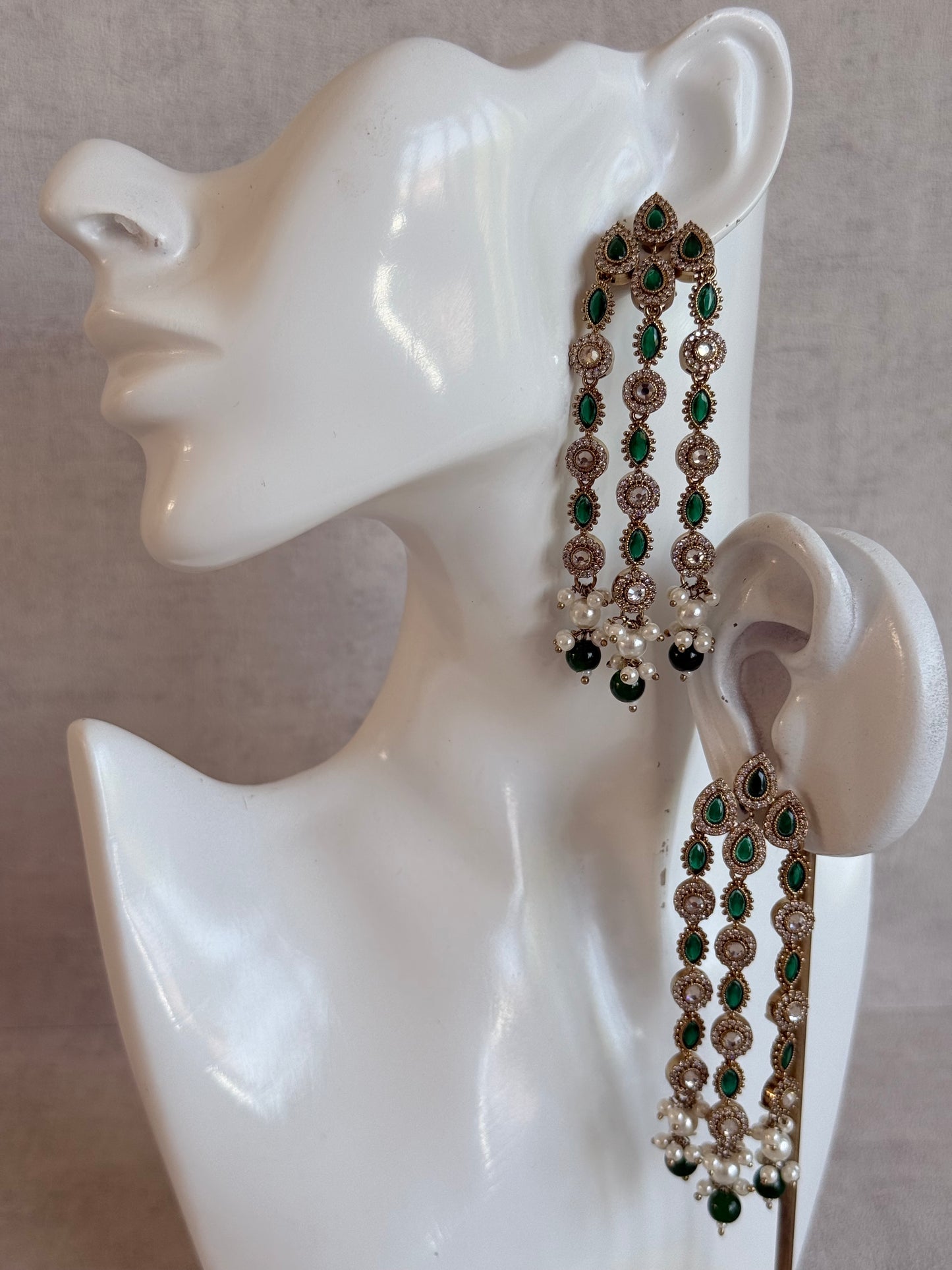 Ayura Designs Emilia Earrings – Gold Triple Strand Statement Earrings with Emerald Green Stones & Pearl Drops