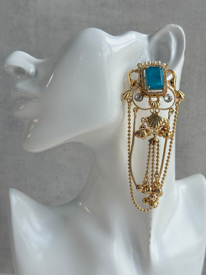 Ayura Designs Jaid Earrings – Aqua Blue Floral Motif with Layered Chains & Ghungroos