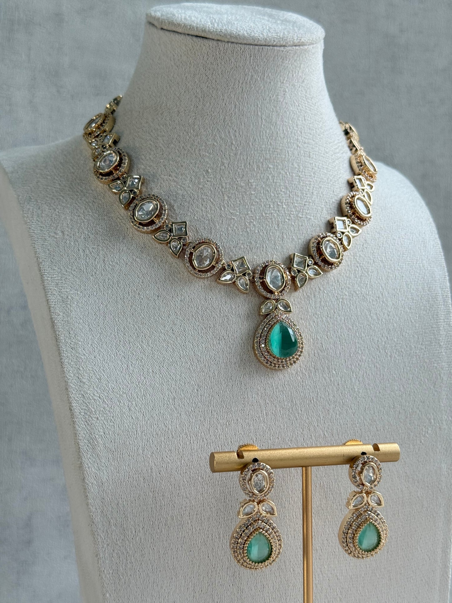 Ayura Designs Gazia Necklace Set with Earrings – Kundan, Mint Green Stones & Gold Finish