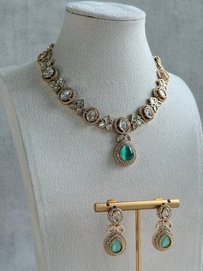 Ayura Designs Gazia Necklace Set with Earrings – Kundan, Mint Green Stones & Gold Finish