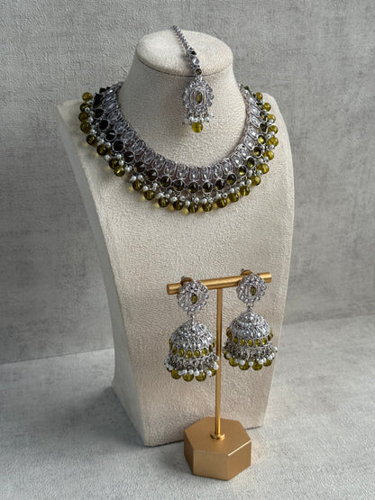 Ayura Designs Rayal Set – Silver Necklace, Jhumkis & Tikka with Olive Green Stones & Pearl Detailing