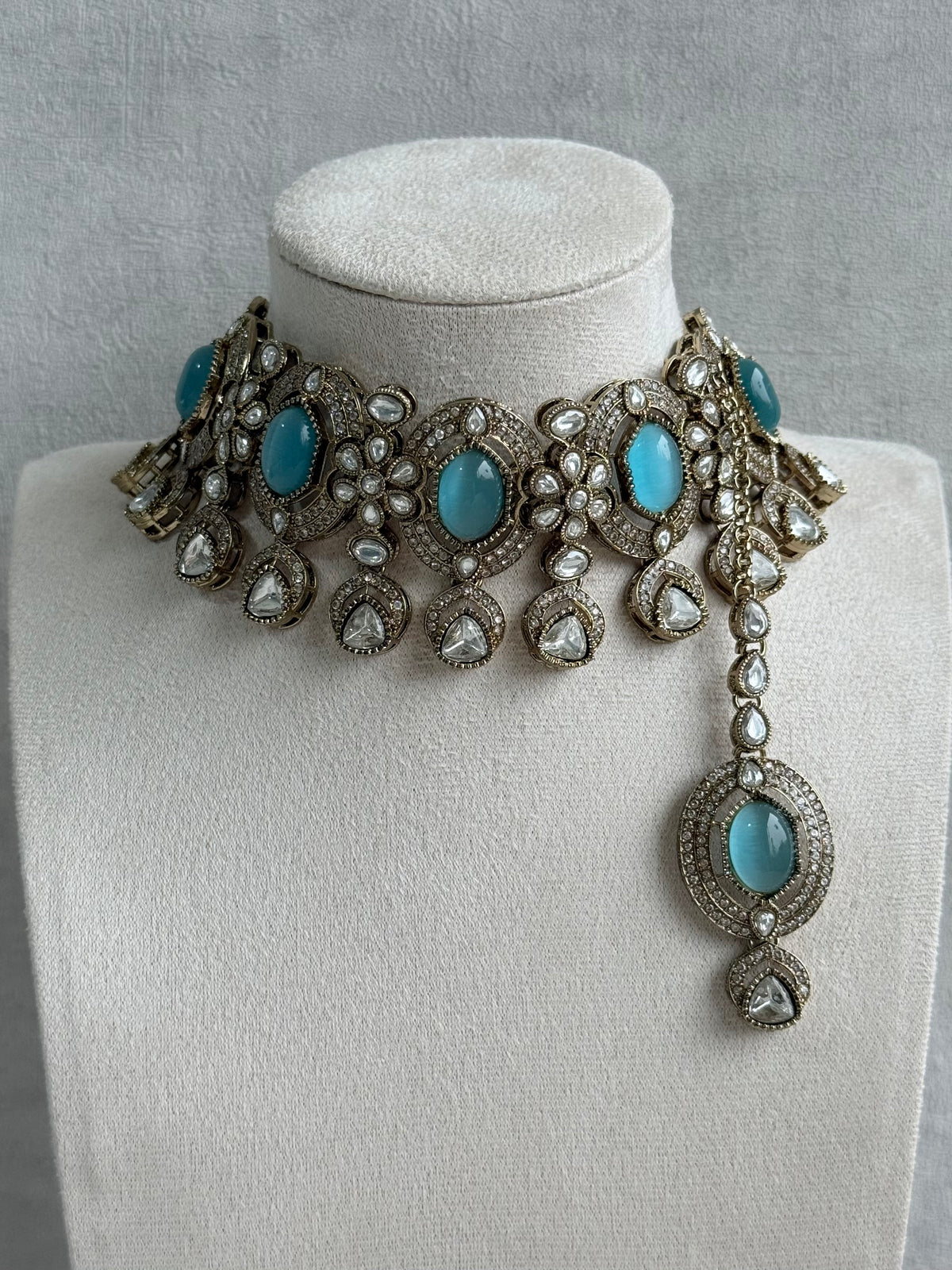 Ayura Designs Emanya Choker Set – Choker, Earrings & Tikka with Mirror-Cut Stones, Turquoise Blue & Antique Gold Detailing