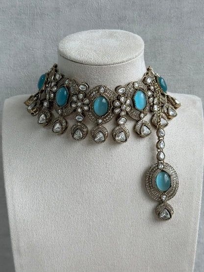 Ayura Designs Emanya Choker Set – Choker, Earrings & Tikka with Mirror-Cut Stones, Turquoise Blue & Antique Gold Detailing