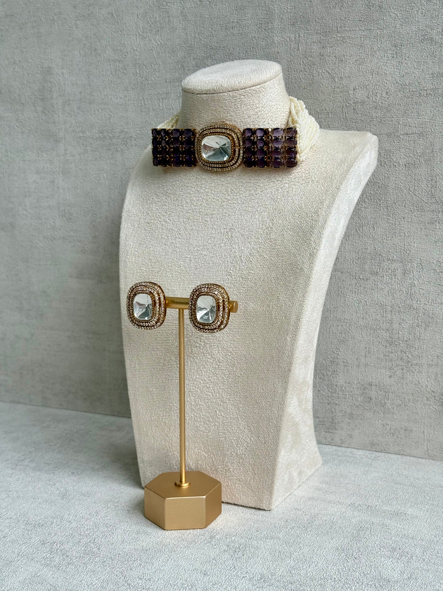 Ayura Designs Emma Choker Set – Deep Violet Gemstone Choker & Studs with Mirror-Cut Centrepiece, Pearl Strands & Crystal Borders