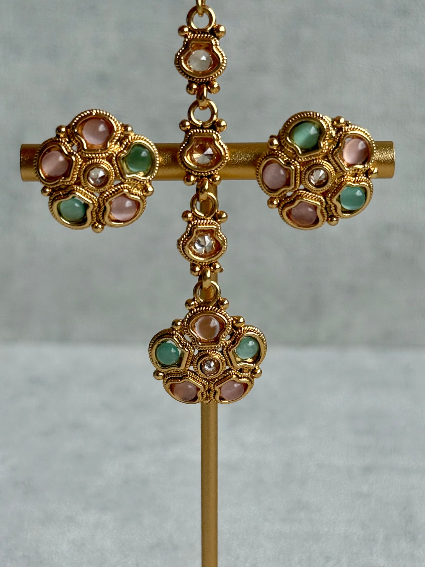 Ayura Designs Amala Set with Necklace, Studs & Tikka – Blush Pink & Pistachio Green Stones, Antique Gold Finish