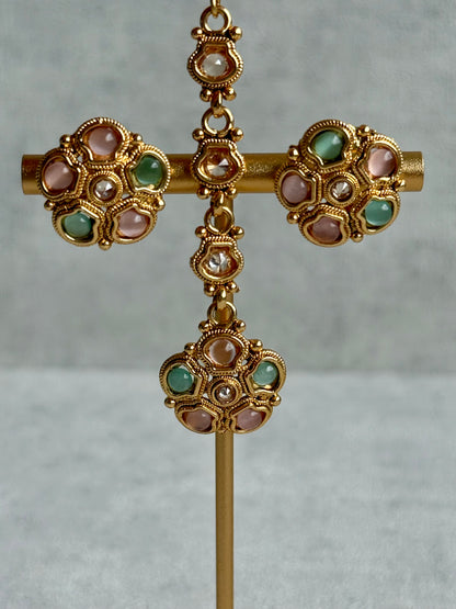 Ayura Designs Amala Set with Necklace, Studs & Tikka – Blush Pink & Pistachio Green Stones, Antique Gold Finish